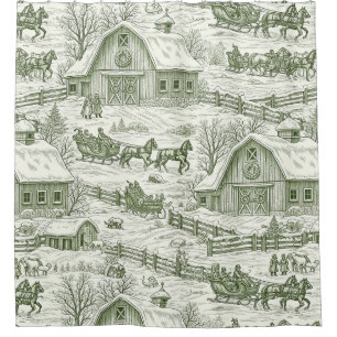 Green Toile Vintage Christmas Village Pattern (4) Shower Curtain