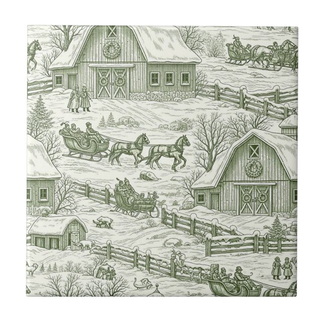 Green Toile Vintage Christmas Village Pattern (4) Tile (Front)