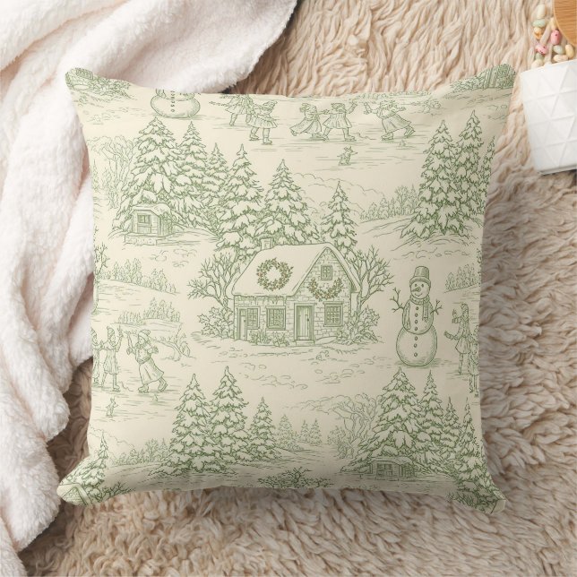 Green Toile Vintage Christmas Village Pattern (5) Cushion (Blanket)