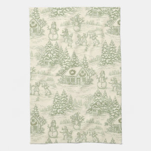 Green Toile Vintage Christmas Village Pattern (5) Tea Towel