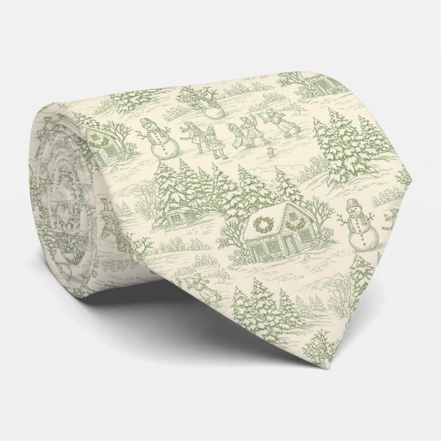 Green Toile Vintage Christmas Village Pattern (5) Tie (Rolled)