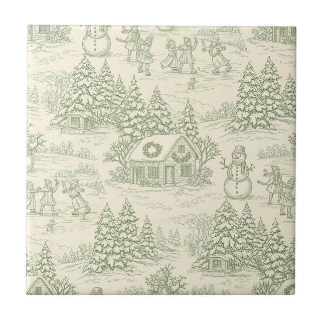 Green Toile Vintage Christmas Village Pattern (5) Tile (Front)