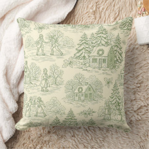 Green Toile Vintage Christmas Village Pattern (6) Cushion