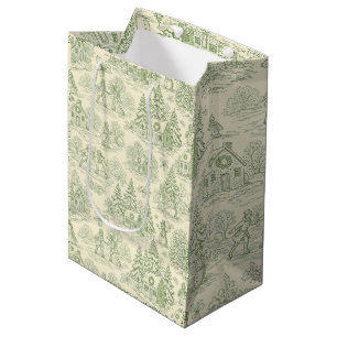 Green Toile Vintage Christmas Village Pattern (6) Medium Gift Bag