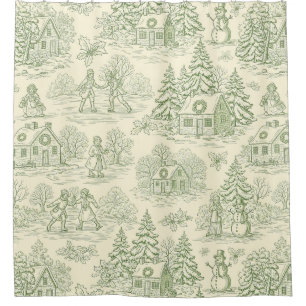 Green Toile Vintage Christmas Village Pattern (6) Shower Curtain