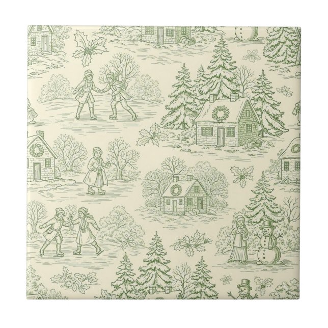 Green Toile Vintage Christmas Village Pattern (6) Tile (Front)