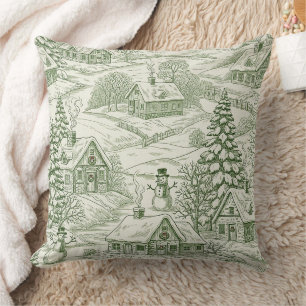 Green Toile Vintage Christmas Village Pattern Cushion