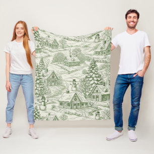 Green Toile Vintage Christmas Village Pattern Fleece Blanket