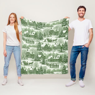 Green Toile Vintage Christmas Village Pattern Fleece Blanket