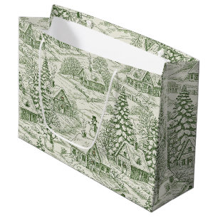 Green Toile Vintage Christmas Village Pattern Large Gift Bag