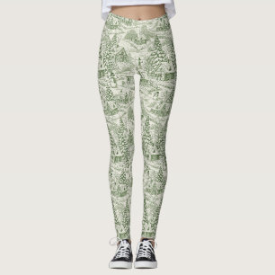 Green Toile Vintage Christmas Village Pattern Leggings