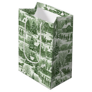 Green Toile Vintage Christmas Village Pattern Medium Gift Bag
