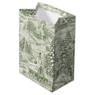 Green Toile Vintage Christmas Village Pattern Medium Gift Bag