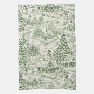 Green Toile Vintage Christmas Village Pattern Tea Towel
