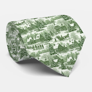 Green Toile Vintage Christmas Village Pattern Tie