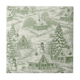 Green Toile Vintage Christmas Village Pattern Tile