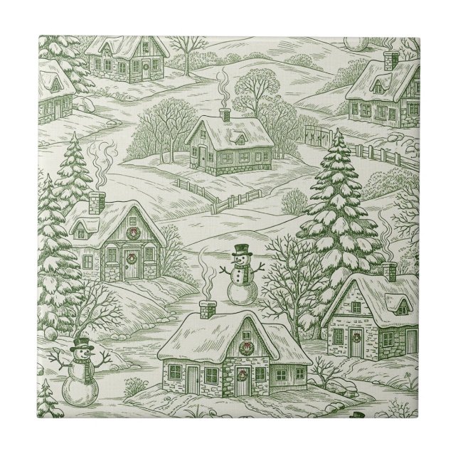 Green Toile Vintage Christmas Village Pattern Tile (Front)