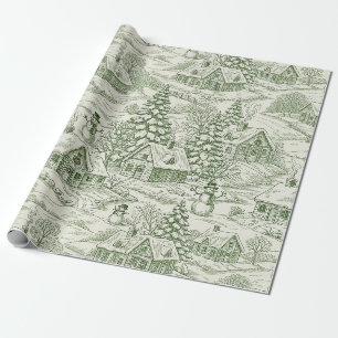 Green Toile Vintage Christmas Village Pattern Wrapping Paper