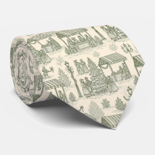 Green Toile Vintage Christmas Village Scene (2) Tie