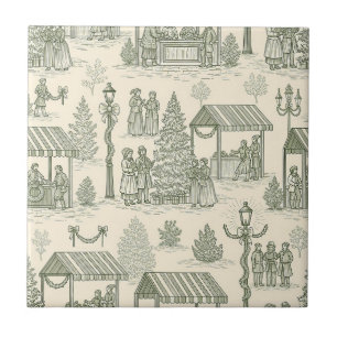 Green Toile Vintage Christmas Village Scene (2) Tile