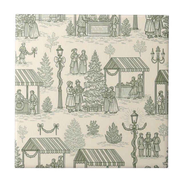 Green Toile Vintage Christmas Village Scene (2) Tile (Front)