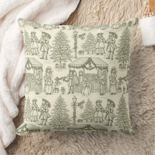 Green Toile Vintage Christmas Village Scene Cushion