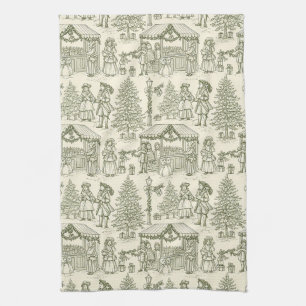 Green Toile Vintage Christmas Village Scene Tea Towel