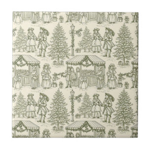 Green Toile Vintage Christmas Village Scene Tile