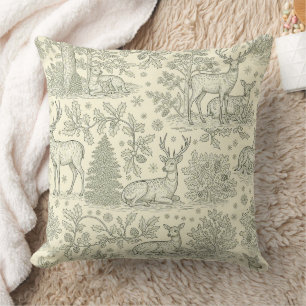 Green Toile Woodland Deer Christmas Pattern (2) Cushion