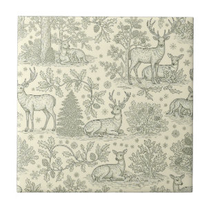 Green Toile Woodland Deer Christmas Pattern (2) Tile