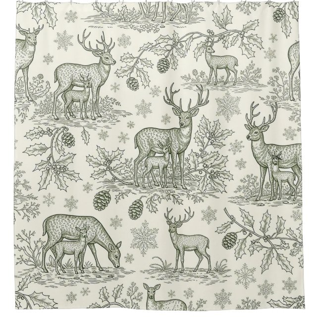 Green Toile Woodland Deer Christmas Pattern (3) Shower Curtain (Front)