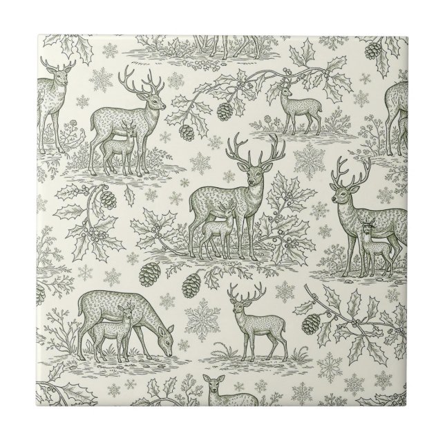 Green Toile Woodland Deer Christmas Pattern (3) Tile (Front)