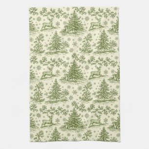 Green Toile Woodland Deer Christmas Pattern (4) Tea Towel