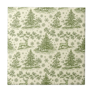 Green Toile Woodland Deer Christmas Pattern (4) Tile