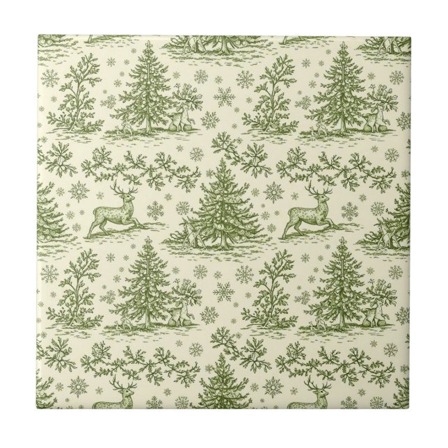 Green Toile Woodland Deer Christmas Pattern (4) Tile (Front)