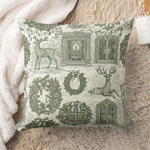 Green Toile Woodland Deer Christmas Pattern Cushion