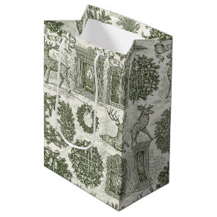 Green Toile Woodland Deer Christmas Pattern Medium Gift Bag