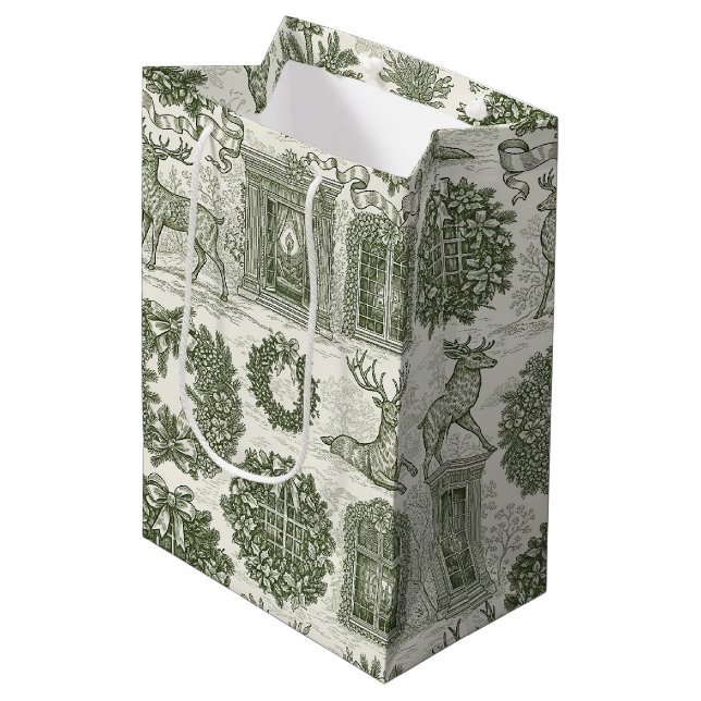 Green Toile Woodland Deer Christmas Pattern Medium Gift Bag (Front Angled)