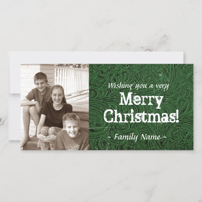 Green Tooled Leather Photo Christmas Card (Front)