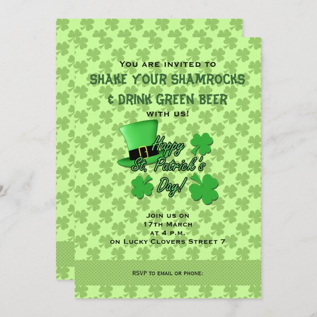 Green top hat Shamrocks St. Patricks Day Invite (Front/Back)