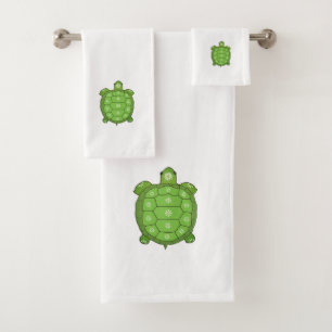 Green tortoise ornamented with flowers on white  bath towel set