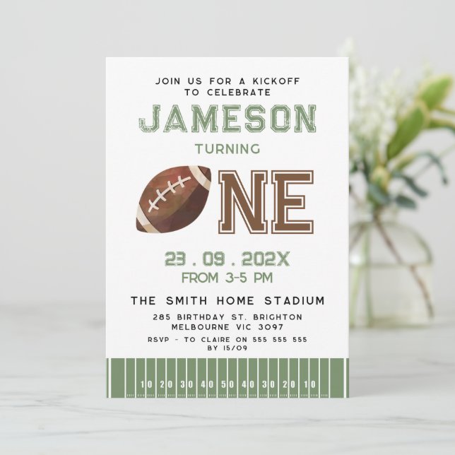 Green Touch Lines Football 1st Birthday Invitation (Standing Front)