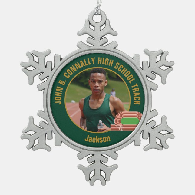 Green Track & Field Photo High School Runner Snowflake Pewter Christmas Ornament (Front)
