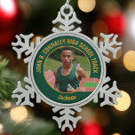 Green Track & Field Photo High School Runner Snowflake Pewter Christmas Ornament<br><div class="desc">This cool customized high school track team athlete photo gift features gold typography of your team on a snowflake shaped Christmas ornament with a running track on a green background. Personalize with your student's photograph and class year as a proud runner parent.</div>