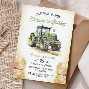Green Tractor 1st Birthday Party Invitation