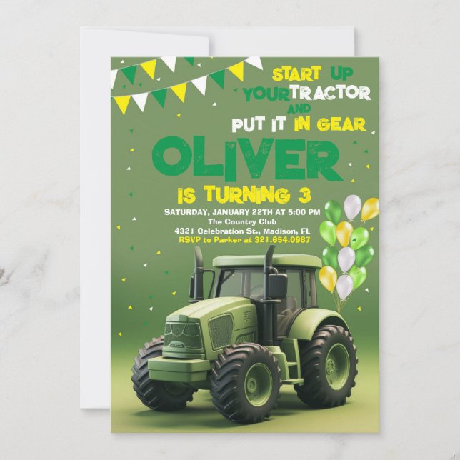 Green Tractor 3rd Birthday Party Invitation (Front)