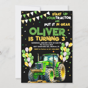 Green Tractor 3rd Birthday Party Invitation