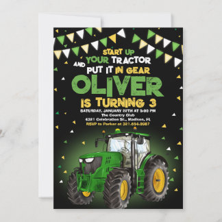 Green Tractor 5th Birthday Party Invitation