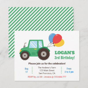 Green Tractor and Balloons Birthday Party Invitation