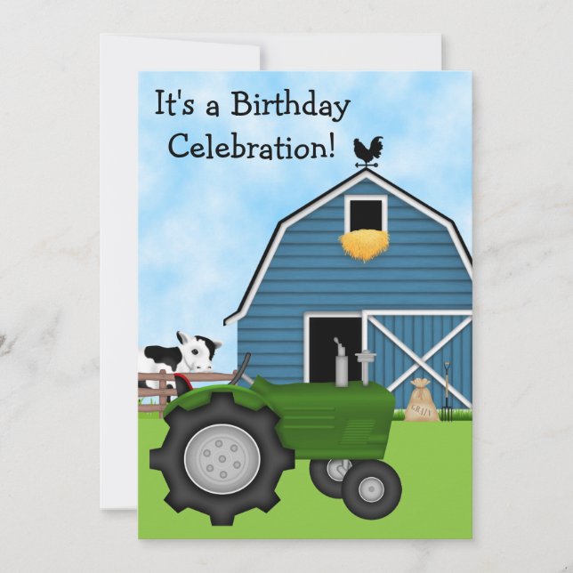 Green Tractor and Blue Barn Birthday Invite ~ Boys (Front)
